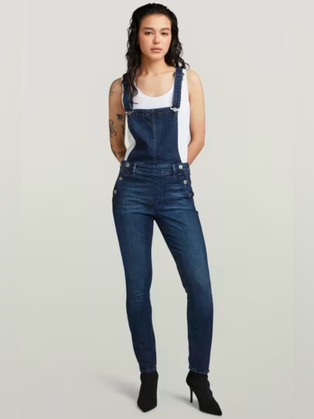 G-Star Raw Lynn High Waist Slim Denim Overalls Dark Wash W33